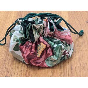 Vintage 1980's Floral Drawstring Quilted Cotton Pouch With Ruffled Edges